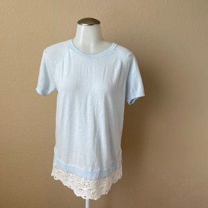 Loft Pastel Blue Knit Top with Lace Trim Cotton Size: Small Short Sleeves